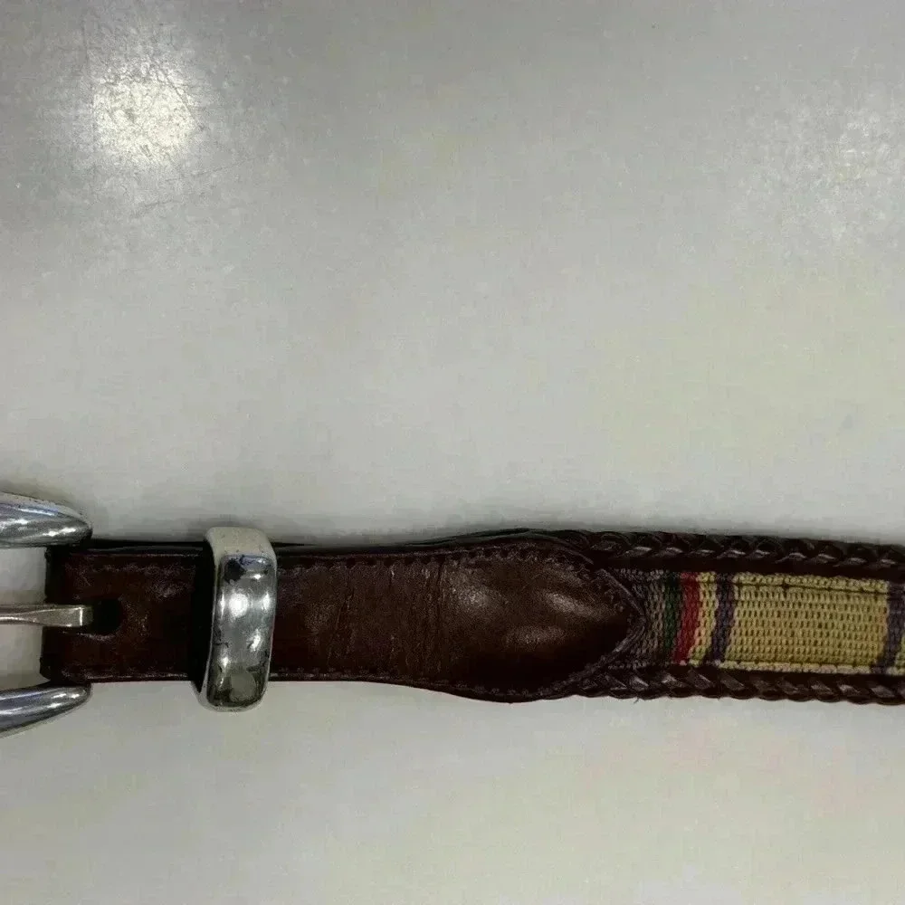 Brighton men’s leather belt braided leather& plaid fabric detail size 40